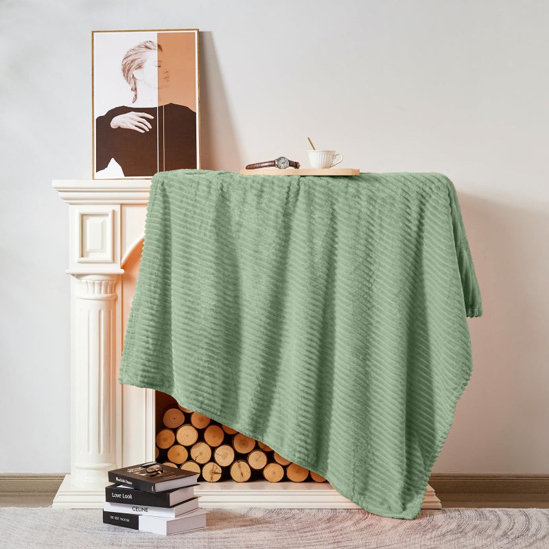 Vessia Flannel Fleece Throw Blanket  300GSM Cozy Sage Green Striped Throw Blanket for Couch  Sofa and Bed  Warm and Soft Cozy Green Microfiber Ribbed Blanket for All Season(50x40inch) - Image 3
