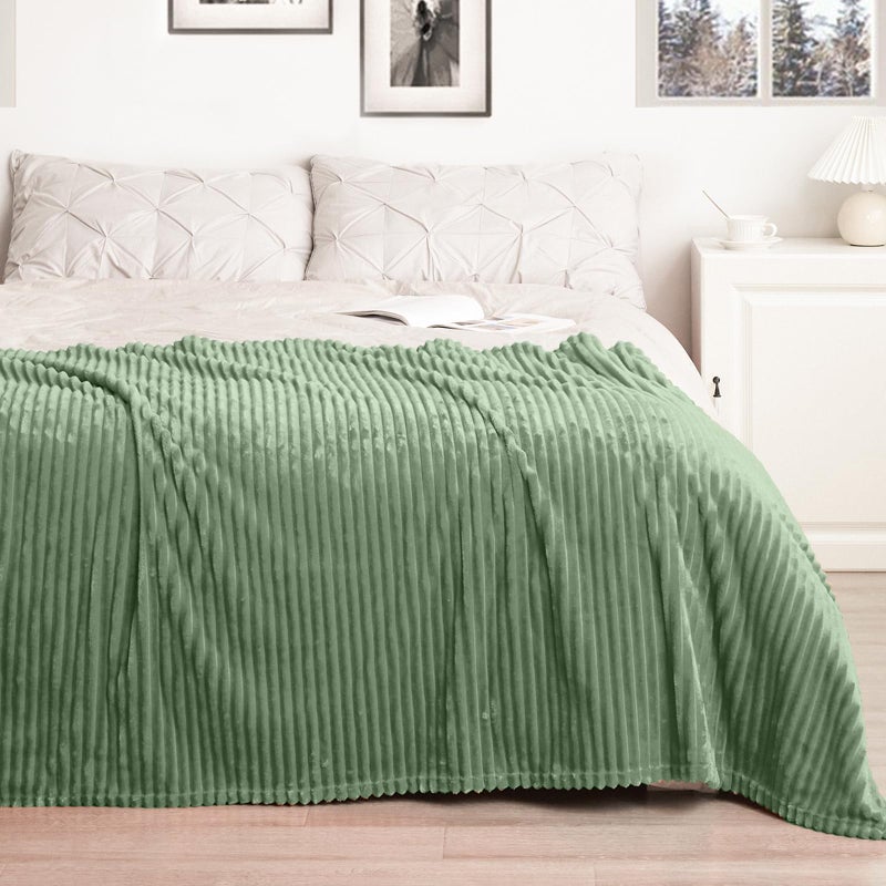 Vessia Flannel Fleece Throw Blanket  300GSM Cozy Sage Green Striped Throw Blanket for Couch  Sofa and Bed  Warm and Soft Cozy Green Microfiber Ribbed Blanket for All Season(50x40inch) - Image 2