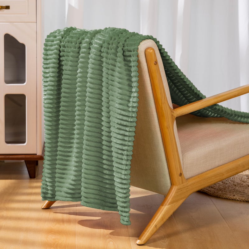 Vessia Flannel Fleece Throw Blanket  300GSM Cozy Sage Green Striped Throw Blanket for Couch  Sofa and Bed  Warm and Soft Cozy Green Microfiber Ribbed Blanket for All Season(50x40inch) - Image 5