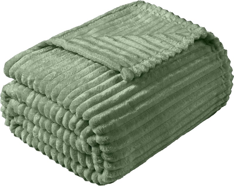 Vessia Flannel Fleece Throw Blanket  300GSM Cozy Sage Green Striped Throw Blanket for Couch  Sofa and Bed  Warm and Soft Cozy Green Microfiber Ribbed Blanket for All Season(50x40inch) - Image 4