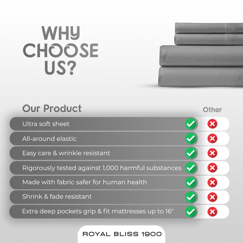 Royal Bliss 1900 Royal Bliss 1900 Top Split Flex Head King Size Sheet Set - Egyptian Quality Ultra-Soft Bed Sheets - Double Brushed - Deep Pockets- Easy Fit - 4 Piece Set- Fade Resistant (Silver  Split Top)  - Image 5
