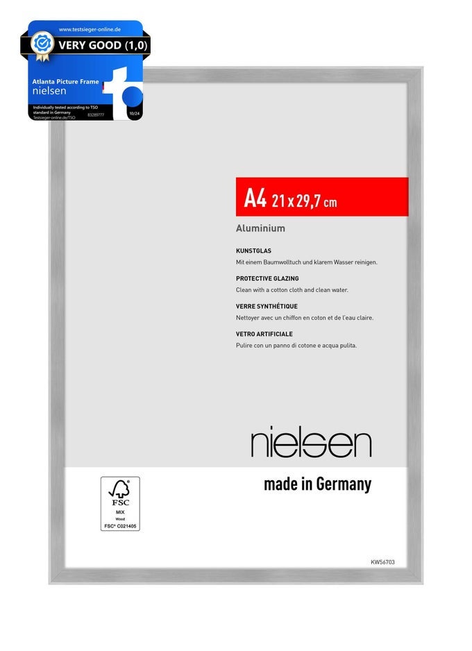 ATLANTA ALUMINIUM PICTURE FRAME BRUSHED SILVER A4 21X297CM WITH PUSH AND TURN CLIPS