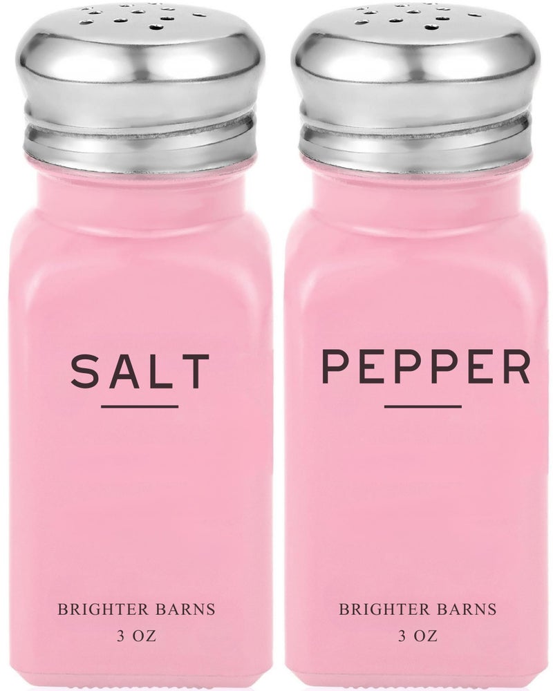 Brighter Barns Pink Salt and Pepper Shakers Set by Brighter Barns - Modern Kitchen Accessories - Cute Salt and Pepper Set with Stainless Steel Lids - Chic Decor and Kitchen Essentials for Restaurants, Airbnb (Pink) - Image 1