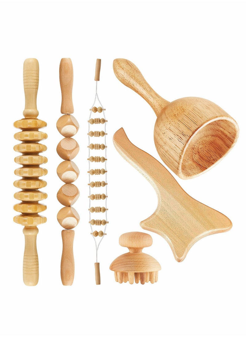 Excefore 6 Pieces Wood Therapy Massage Tools Kit Wood Massager Roller Wood Gua Sha Roller Manual Wooden Fascia Massage for Release Cellulite Sore Muscle Blasting Full Body Muscle Pain Relief  - Image 1