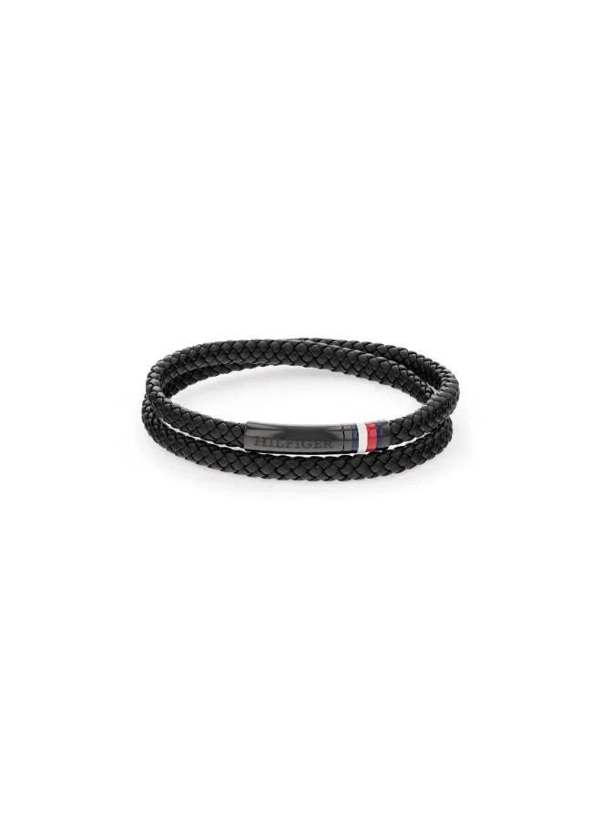 Tommy Hilfiger Jewelry Men's Bracelet with Double-Wrap Braided Black Leather - 2790552