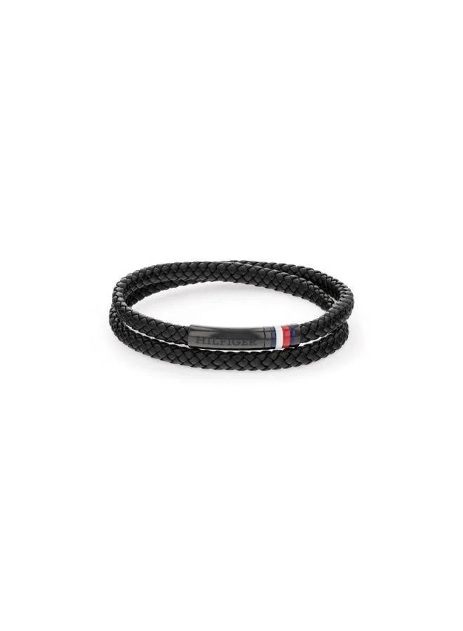 TOMMY HILFIGER Mens Bracelet With Double-Wrap Braided Black Leather - 2790552