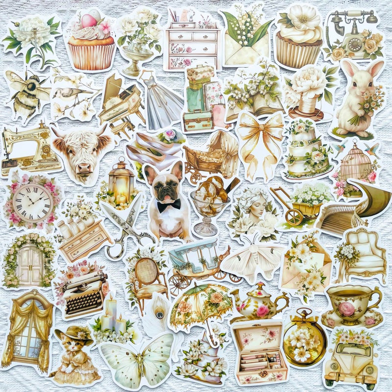 PIGBIT 50PCS White Vintage Aesthetic Stickers Pack â€“ Romantic Scrapbook & Journal Ephemera, Retro Floral Tea Party Decals, Waterproof Vinyl for DIY, Laptop, Gifts - Image 1