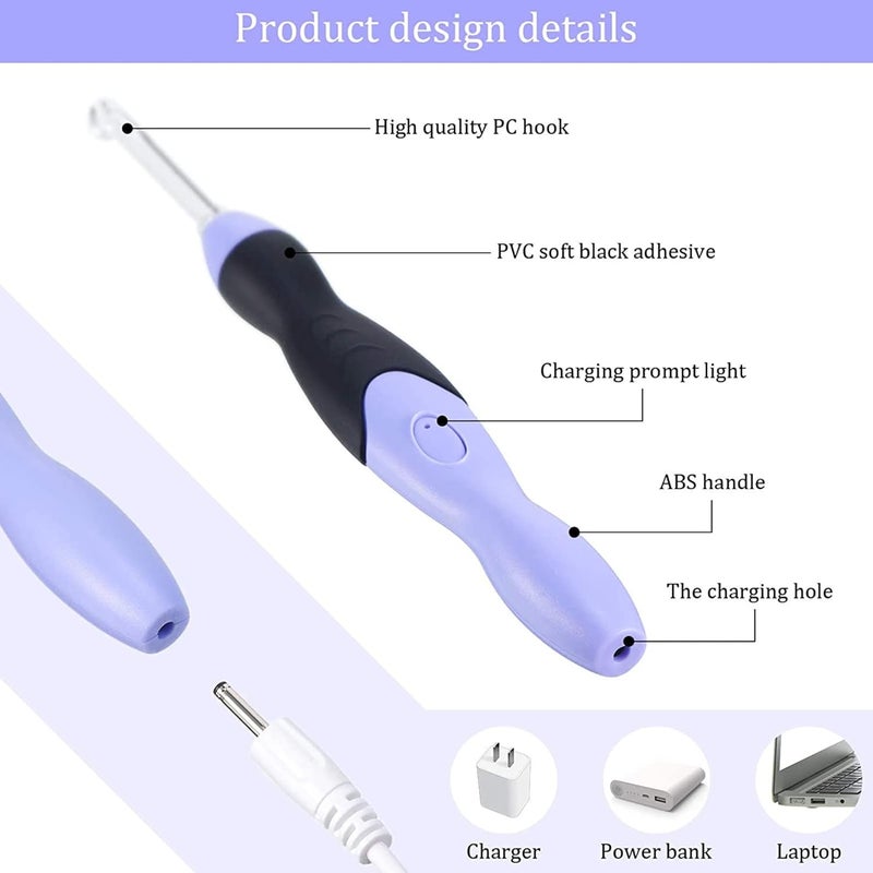 مجموعة خطافات كروشيه LED مع رؤوس قابلة للاستبدال 2.5-6.5 مم، 9 في 1 خطافات كروشيه مضيئة قابلة لإعادة الشحن عبر USB، أدوات حياكة يدوية وخياطة مع حقيبة سفر سوداء بسحاب - Image 3
