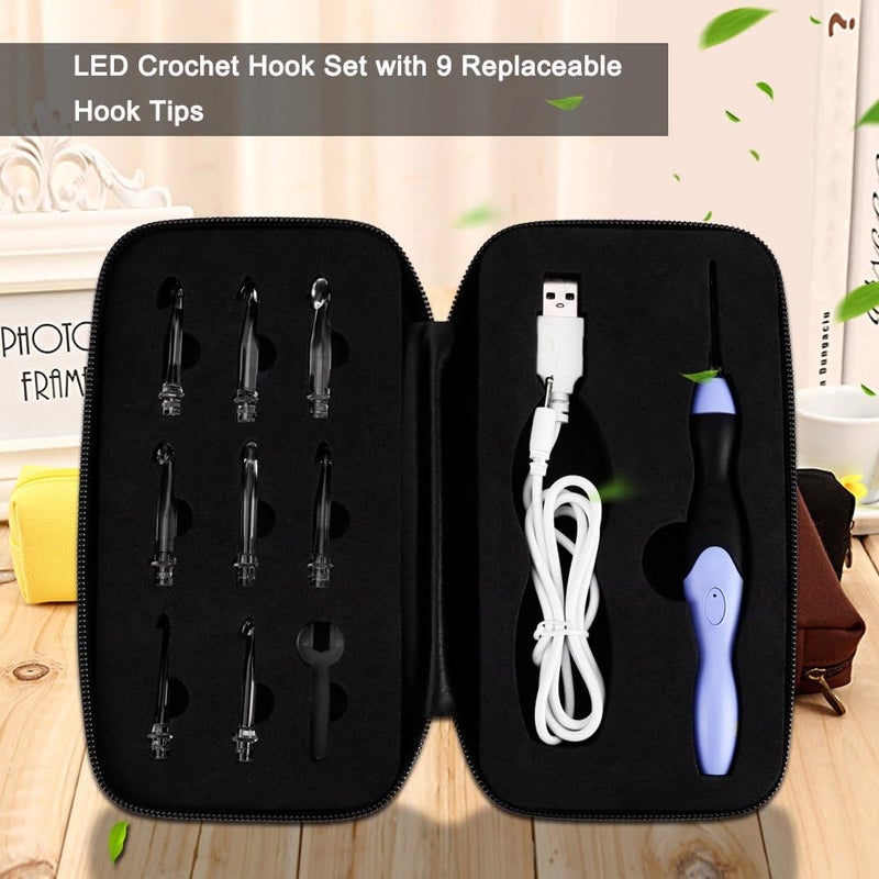 مجموعة خطافات كروشيه LED مع رؤوس قابلة للاستبدال 2.5-6.5 مم، 9 في 1 خطافات كروشيه مضيئة قابلة لإعادة الشحن عبر USB، أدوات حياكة يدوية وخياطة مع حقيبة سفر سوداء بسحاب - Image 4