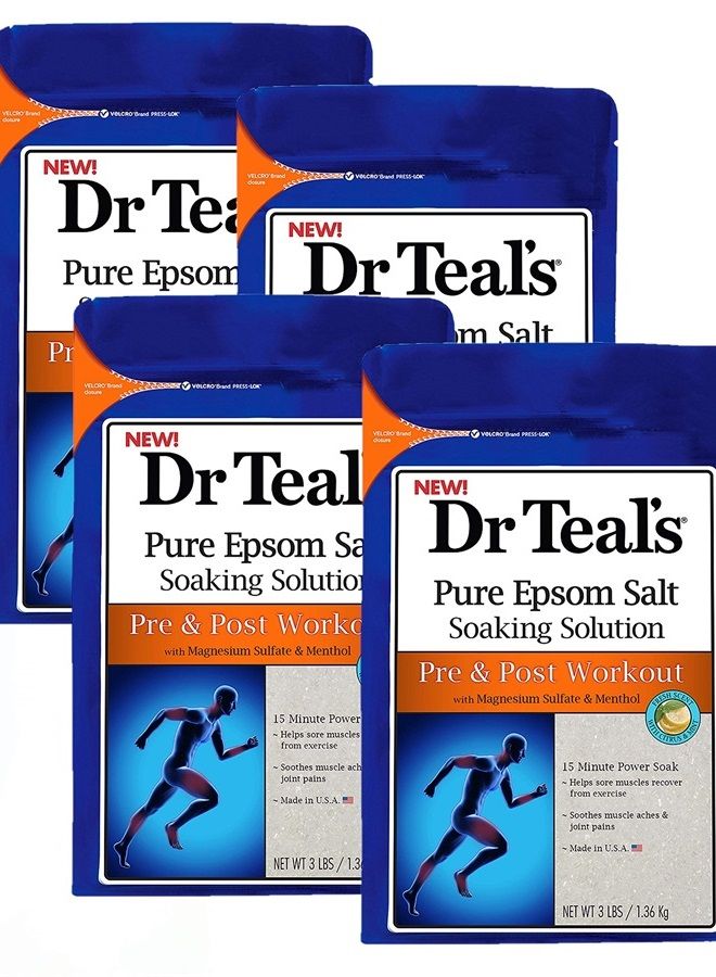 Dr Teal's ملح إبسوم 4 عبوات (12 رطل إجمالي) قبل وبعد التمرين مع كبريتات المغنيسيوم والمنتول