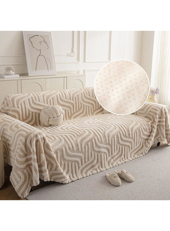 KaviKon Velvet Couch Cover for Dogs, Non Slip Fuzzy Pet Couch Protector, Boho Sofa Covers for 3 Cushion Couch, Sofa Slipcover Sectional Couch Cover Washable Throw Blankets(71x118,Beige Geometric Wave) - Image 1