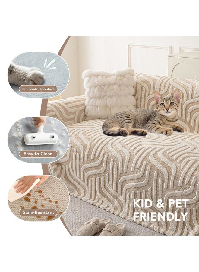 KaviKon Velvet Couch Cover for Dogs, Non Slip Fuzzy Pet Couch Protector, Boho Sofa Covers for 3 Cushion Couch, Sofa Slipcover Sectional Couch Cover Washable Throw Blankets(71x118,Beige Geometric Wave) - Image 3