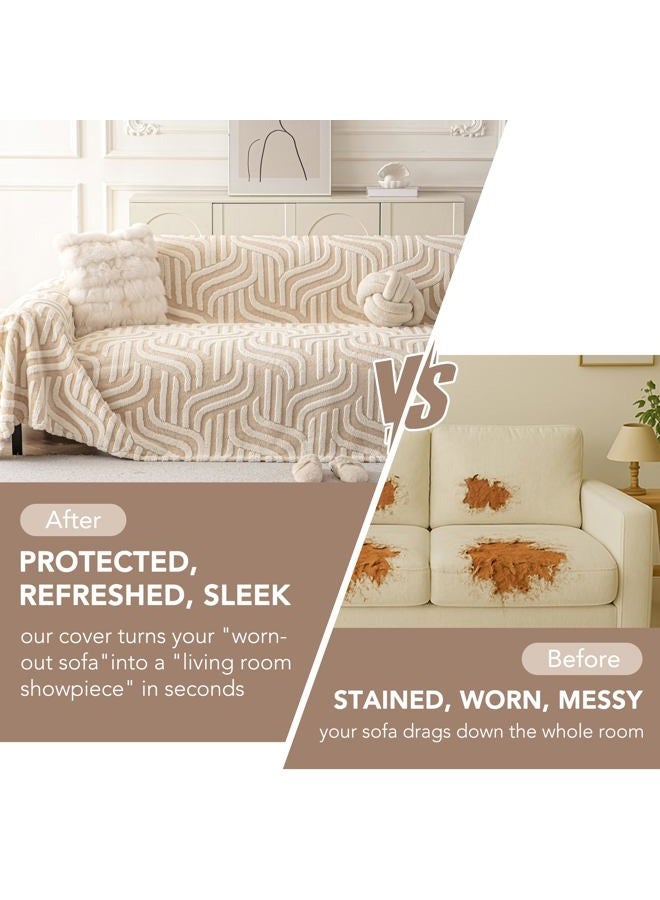 KaviKon Velvet Couch Cover for Dogs, Non Slip Fuzzy Pet Couch Protector, Boho Sofa Covers for 3 Cushion Couch, Sofa Slipcover Sectional Couch Cover Washable Throw Blankets(71x118,Beige Geometric Wave) - Image 4