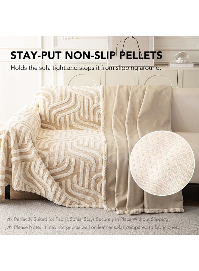 KaviKon Velvet Couch Cover for Dogs, Non Slip Fuzzy Pet Couch Protector, Boho Sofa Covers for 3 Cushion Couch, Sofa Slipcover Sectional Couch Cover Washable Throw Blankets(71x118,Beige Geometric Wave) - Image 2