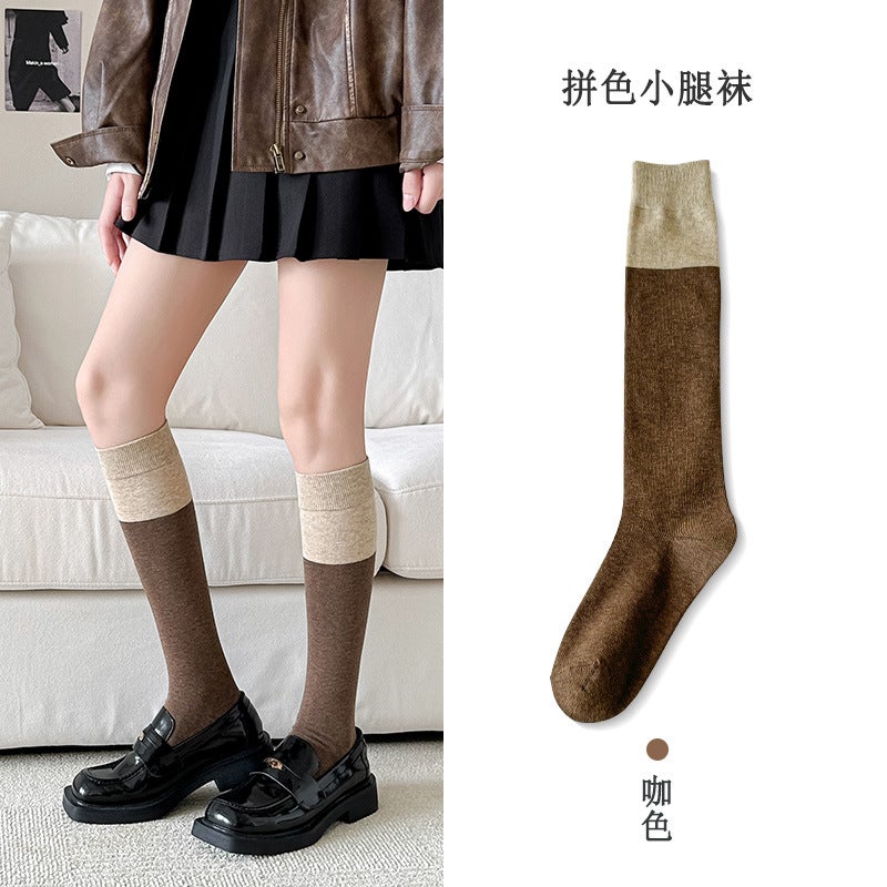 Colorblock Cotton Over-Knee Socks for Women Calf-Brown. - Image 3