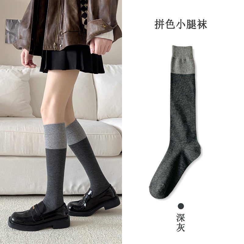 Colorblock Cotton Over-Knee Socks for Women Calf-Brown. - Image 5