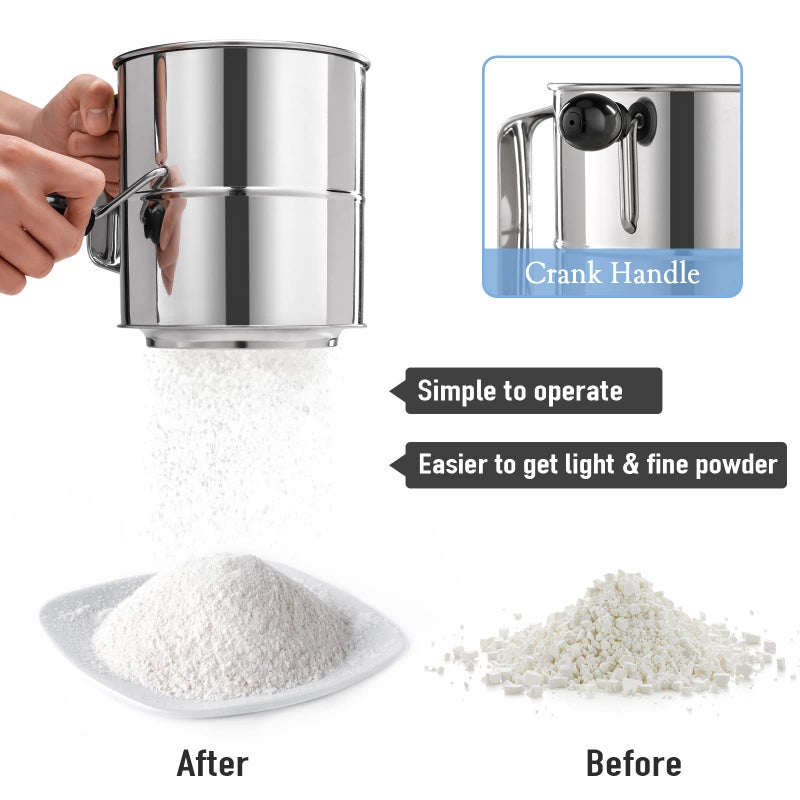 Piquebar Flour Sifter - 5 Cup Fine Mesh Hand Crank Sifter Stainless Steel With Agitator Wire Loop For Baking  Powdered Sugar Duster Set - Image 3