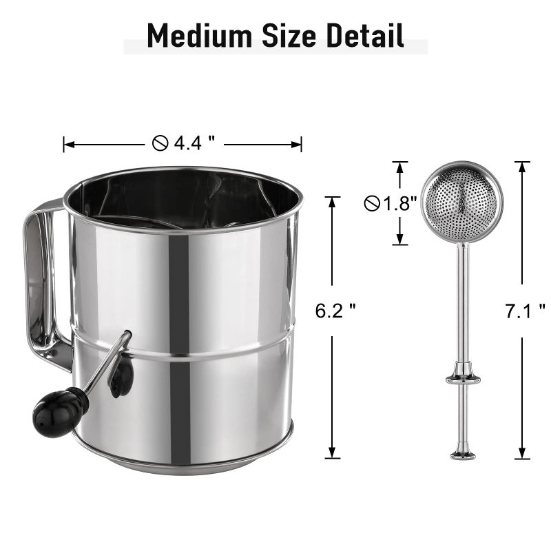 Piquebar Flour Sifter - 5 Cup Fine Mesh Hand Crank Sifter Stainless Steel With Agitator Wire Loop For Baking  Powdered Sugar Duster Set - Image 2