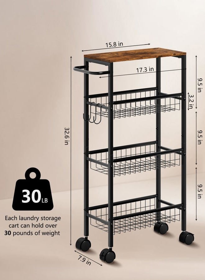 Tujurich Rolling Utility Cart, 4-Tier Slim Narrow Storage Cart with Wheels for Kitchen, Laundry Room & Bathroom Organization, Metal Organizer with Wood Top, Brown, 17.3" x 7.9" x 32.6" - Image 5