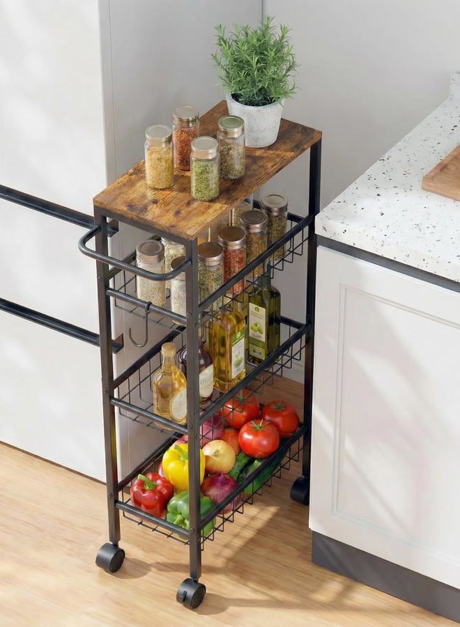 Tujurich Rolling Utility Cart, 4-Tier Slim Narrow Storage Cart with Wheels for Kitchen, Laundry Room & Bathroom Organization, Metal Organizer with Wood Top, Brown, 17.3" x 7.9" x 32.6" - Image 1