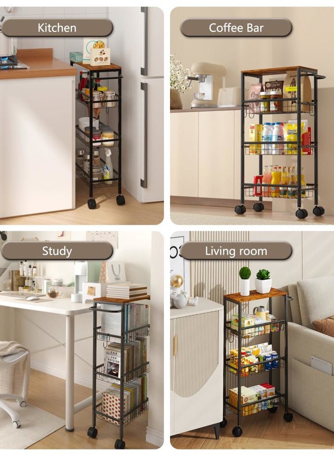 Tujurich Rolling Utility Cart, 4-Tier Slim Narrow Storage Cart with Wheels for Kitchen, Laundry Room & Bathroom Organization, Metal Organizer with Wood Top, Brown, 17.3" x 7.9" x 32.6" - Image 4