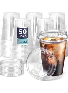 Generic 50 Pack 16 oz Disposable Plastic Strawless Cups with Clear Lids Eco-Friendly Lids Perfect for Iced Coffee, Smoothies, Sodas, and Cafe Essentials  - Image 1
