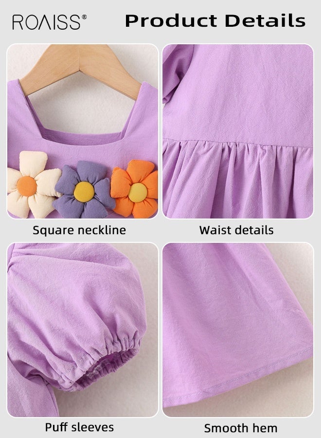 roaiss Girls Stylish A Line Dress, Puff Sleeve Square Neck Dress for Girls, Elegant Chic Frock with 3D Flowers, Suitable for Daily Wear, Vacations, Birthday Parties or Any Occasion - Image 4