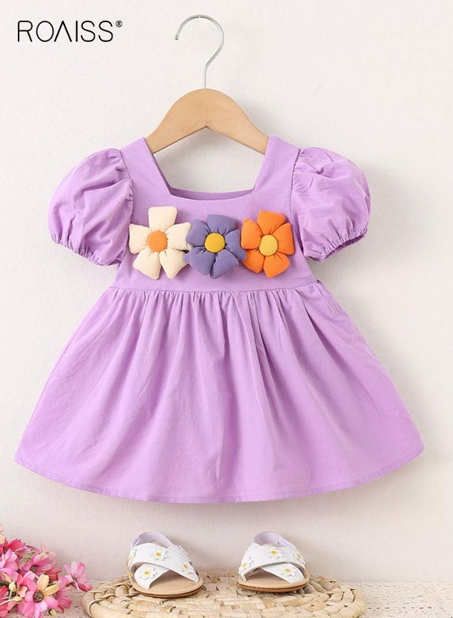 roaiss Girls Stylish A Line Dress, Puff Sleeve Square Neck Dress for Girls, Elegant Chic Frock with 3D Flowers, Suitable for Daily Wear, Vacations, Birthday Parties or Any Occasion - Image 1