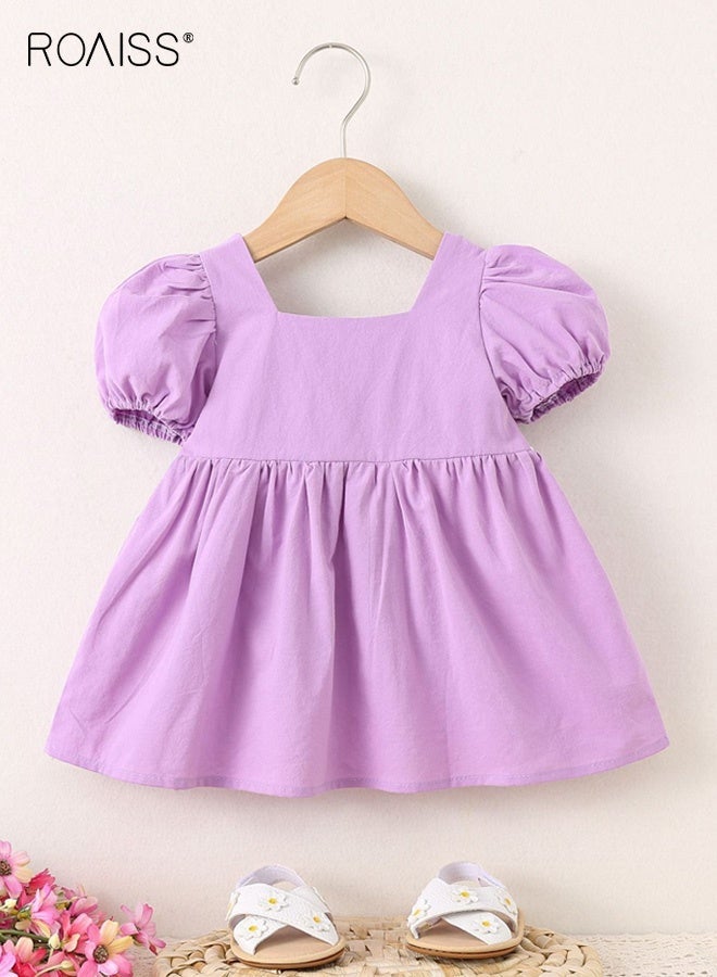 roaiss Girls Stylish A Line Dress, Puff Sleeve Square Neck Dress for Girls, Elegant Chic Frock with 3D Flowers, Suitable for Daily Wear, Vacations, Birthday Parties or Any Occasion - Image 2