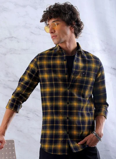 The Indian Garage Co Men Slim Fit Checkered Full Sleeves Cutaway Collar Casual Shirt