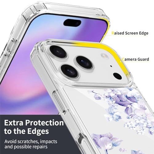 Elzzi Clear Transparent Flower Cover for iPhone 17 Pro Max Case Shockproof Floral Design Full Camera Protection Shockproof PC+TPU Transparent Cover for Girls & Women (Purple) - Image 3
