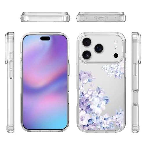 Elzzi Clear Transparent Flower Cover for iPhone 17 Pro Max Case Shockproof Floral Design Full Camera Protection Shockproof PC+TPU Transparent Cover for Girls & Women (Purple) - Image 2