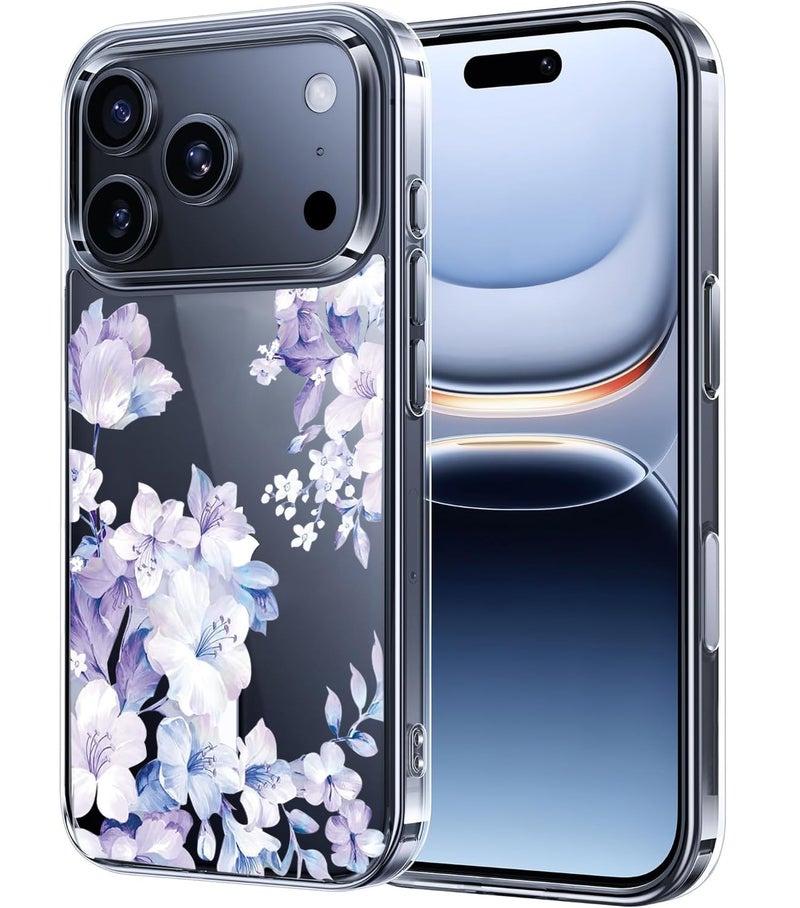 Elzzi Clear Transparent Flower Cover for iPhone 17 Pro Max Case Shockproof Floral Design Full Camera Protection Shockproof PC+TPU Transparent Cover for Girls & Women (Purple) - Image 1