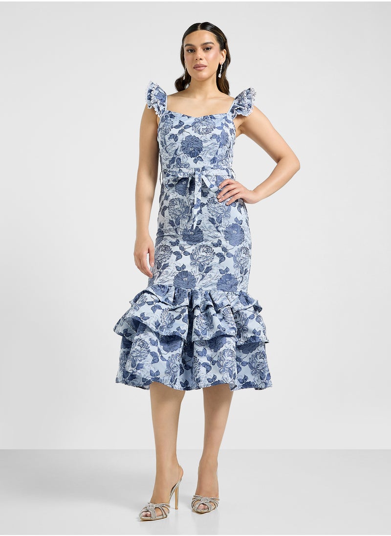 Just Me - Floral Brocade Ruffle Bottom Midi Dress - Image 1