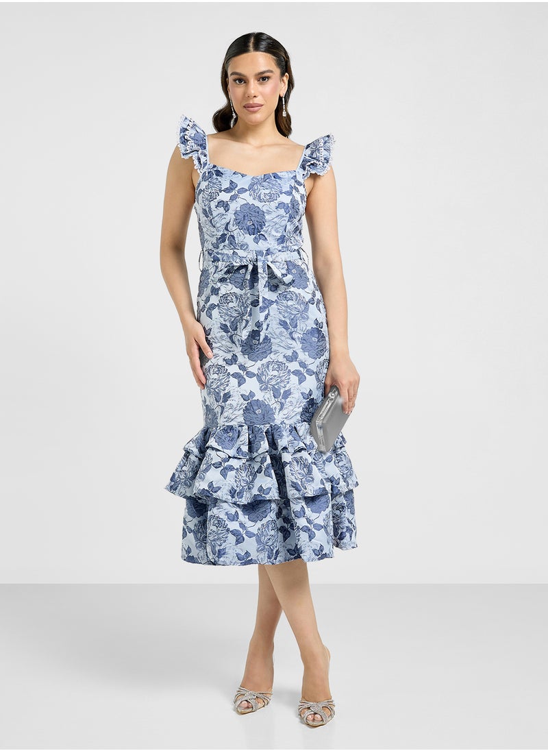 Just Me - Floral Brocade Ruffle Bottom Midi Dress - Image 1