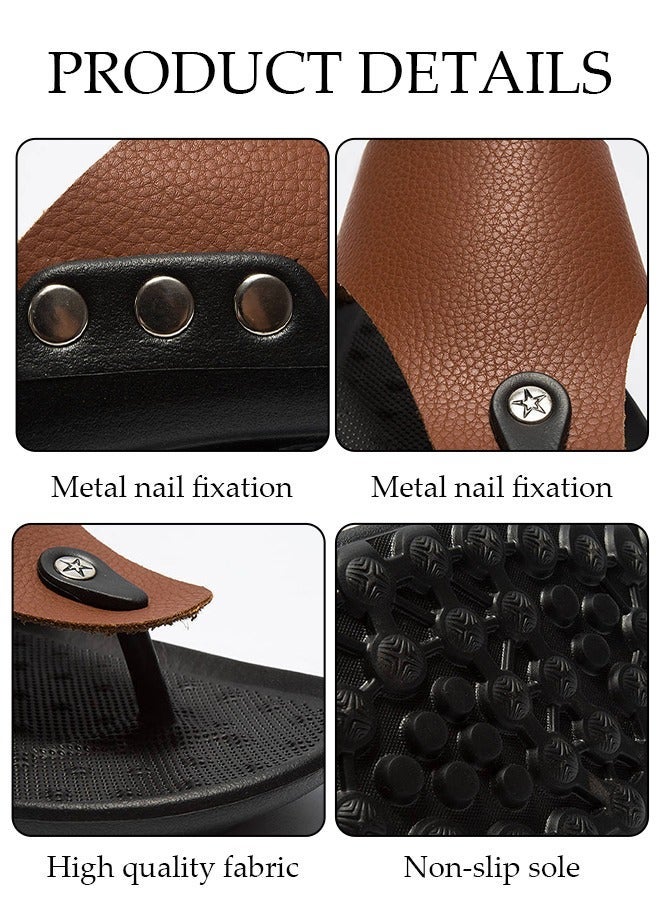 DUNISO Men's Flip Flops Fashion Leather Beach Slipper Non-slip Breathable Flat Slipper Open Toe Soft Slippers House Slide Sandal for Beach Spa Bath Pool Gym - Image 3