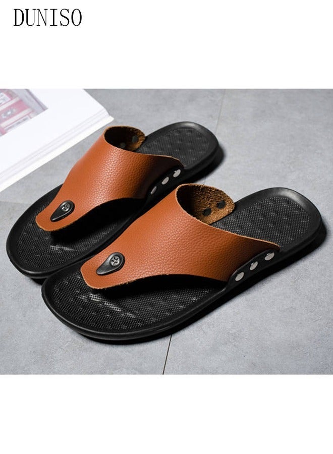 DUNISO Men's Flip Flops Fashion Leather Beach Slipper Non-slip Breathable Flat Slipper Open Toe Soft Slippers House Slide Sandal for Beach Spa Bath Pool Gym - Image 5
