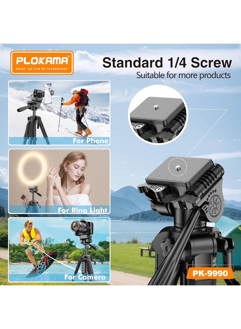 PLOKAMA حامل ثلاثي الوظائف 180 سم - طويل، قوي وقابل للتعديل لحامل الكاميرا DSLR، الهاتف، GoPro - حامل ثلاثي من سبائك الألمنيوم الثقيلة مع رأس بان ثلاثي الاتجاهات، لوحة إطلاق سريعة وحقيبة سفر - Image 4