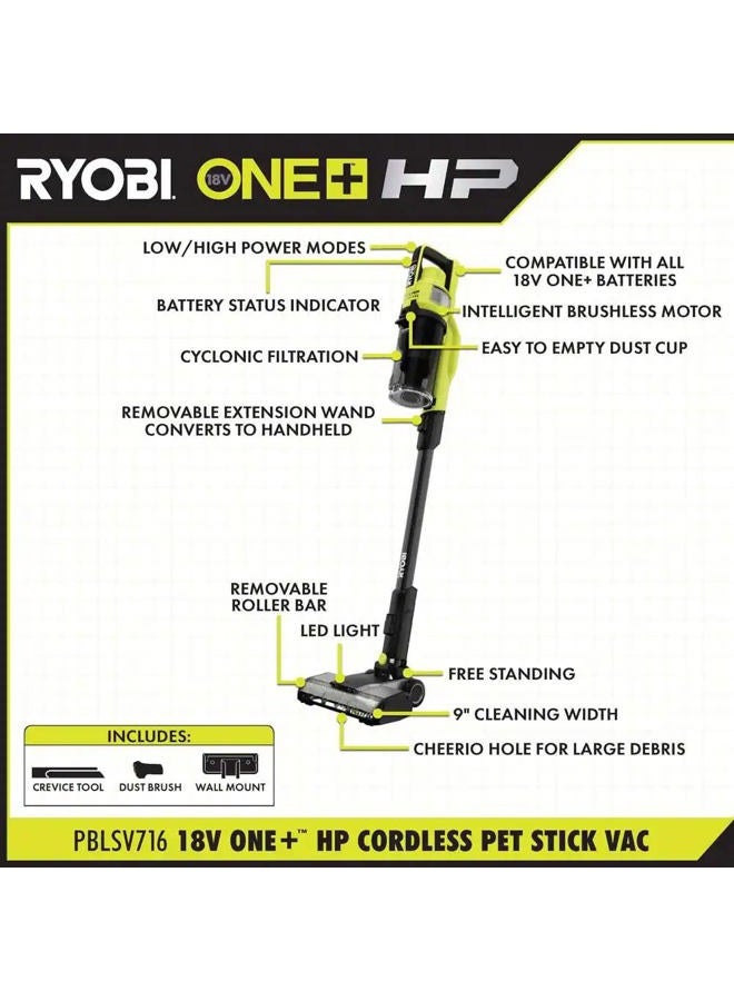 Ryobi Pacroban ONE+ HP 18V Brushless Cordless Pet Stick Vacuum Cleaner Kit with 4.0 Ah HIGH Performance Battery and Charger - Image 3