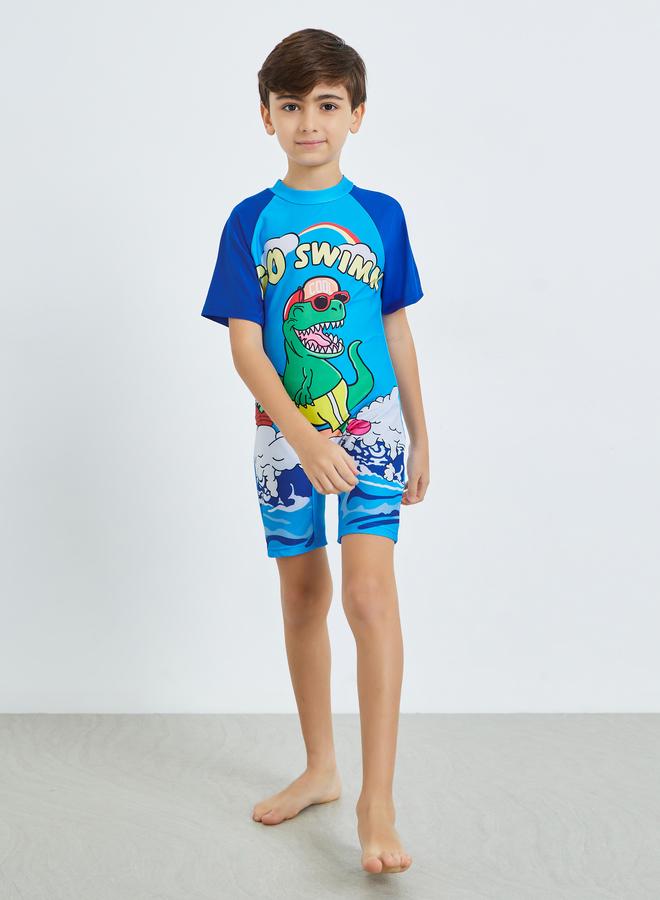 Styli Boys Blue Dino Print Swimsuit - Image 2