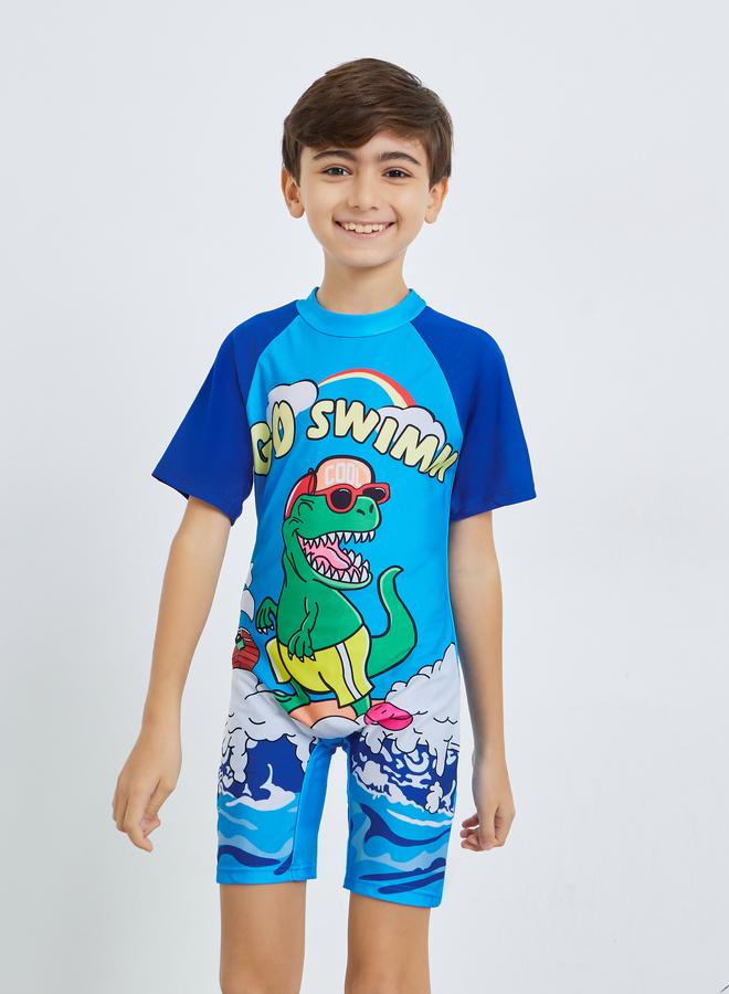 Styli Boys Blue Dino Print Swimsuit - Image 1