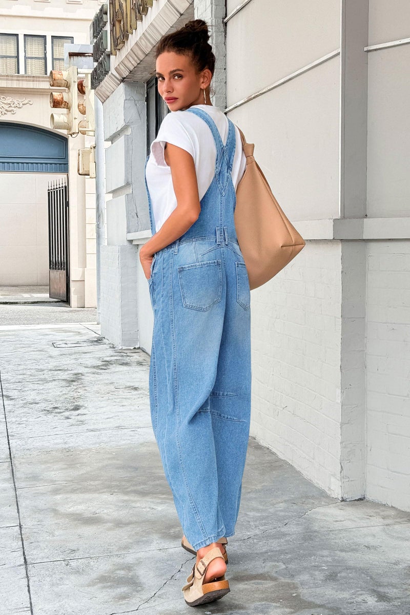 PLNOTME Womens Denim Bib Overalls Barrel Leg Adjustable Strap Jean Pants Jumpsuits with Pockets - Image 3