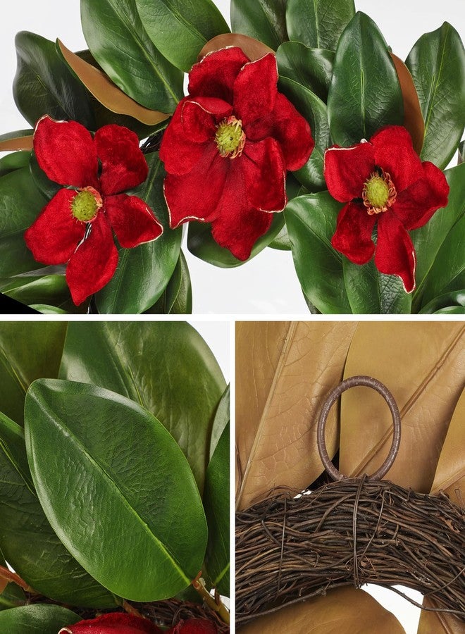 Arborus 24" Artificial Wreath for Front Door Burgundy Red Magnolia Wreath Greenery for Wedding Christmas Housewarming Thanksgiving Farmhouse Mantel Door Decoration - Image 3