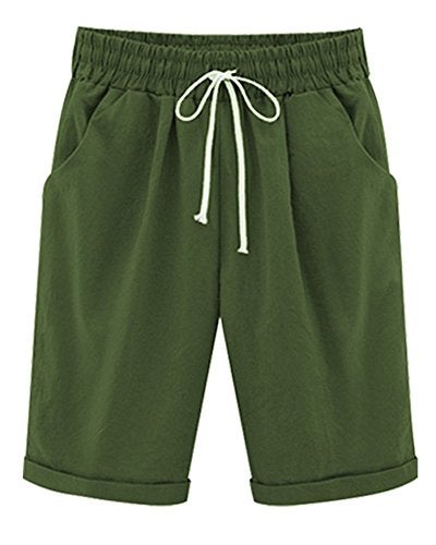 FOURSTEEDS Women's Cotton Drawstring Elastic Waist Knee Length Casual Bermuda Shorts with Pocket Army Green US 0-2 / Tag Size M - Image 1
