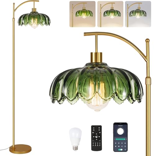 ILLMTW Gold Floor Lamp for Living Room,Bedroom,Mid Century Modern Standing Lamp with Remote,Dimmable Brass Tall Lamp Vintage Retro Green Glass Arc Floor Flower Floor Light Boho Bohemian - Image 1