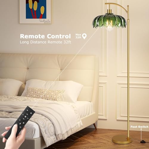 ILLMTW Gold Floor Lamp for Living Room,Bedroom,Mid Century Modern Standing Lamp with Remote,Dimmable Brass Tall Lamp Vintage Retro Green Glass Arc Floor Flower Floor Light Boho Bohemian - Image 3