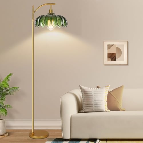 ILLMTW Gold Floor Lamp for Living Room,Bedroom,Mid Century Modern Standing Lamp with Remote,Dimmable Brass Tall Lamp Vintage Retro Green Glass Arc Floor Flower Floor Light Boho Bohemian - Image 4