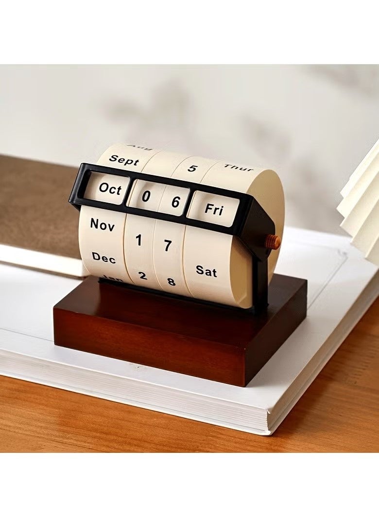 OMEVE Wooden Perpetual Calendar, Vintage Desktop Flip Countdown Reminder, Mini Rotating Desk Calendar, Retro Wooden Block Date Display for Home and Office Decor - Image 3