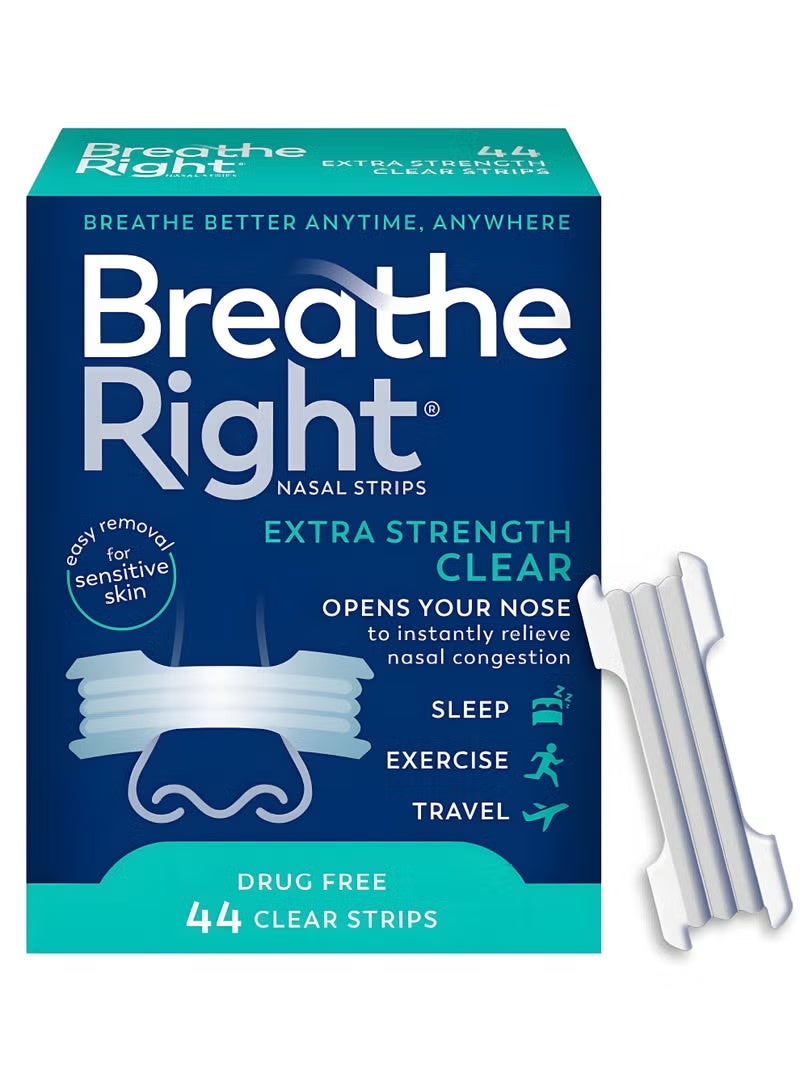 بريث رايت شرائط الأنف Breathe Right قوة إضافية بدون أدوية لتخفيف الشخير واحتقان الأنف للبشرة الحساسة وتخفيف انسداد الأنف بسبب الزكام والحساسية 44 قطعة - Image 1