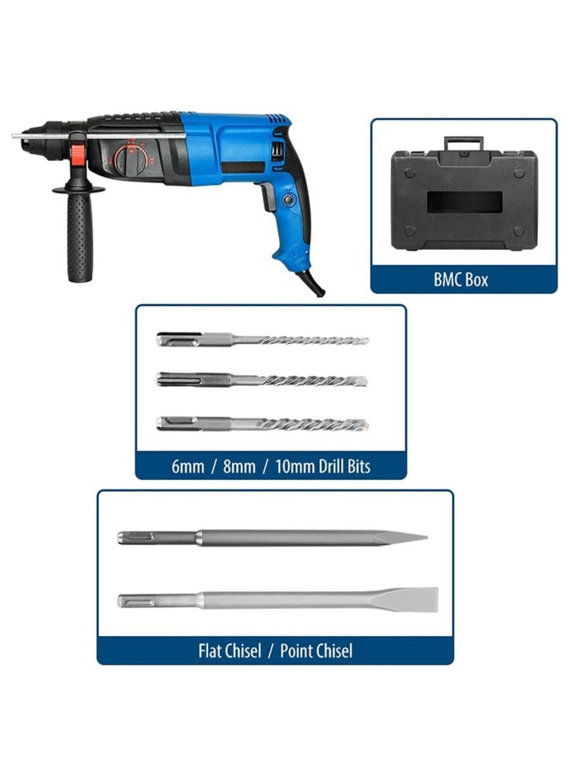 بريمو بلس مثقاب كهربائي دوار 220 فولت 1400 واط بـ3 وظائف مع صندوق و5 قطع من المثقاب الكهربائي - مطرقة دوارة كهربائية ، أداة حفر الخرسانة SDS بلس-  1100 دورة في الدقيقة 26 مم مع أجزاء مجانية - Image 2
